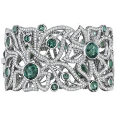 Bespoke 18K WG 17.01 Ct Tourmaline, 8.75 Ct Diamond Carelle Floral Cuff Bracelet