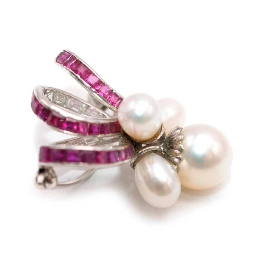 Brilliant Cut Bespoke 1940s White Gold, Freshwater Pearl, Ruby and Diamond Brooch