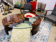 Bespoke 1980 Italian Organic Walnut Veneer & Glass Oval Coffee Table with Drawer