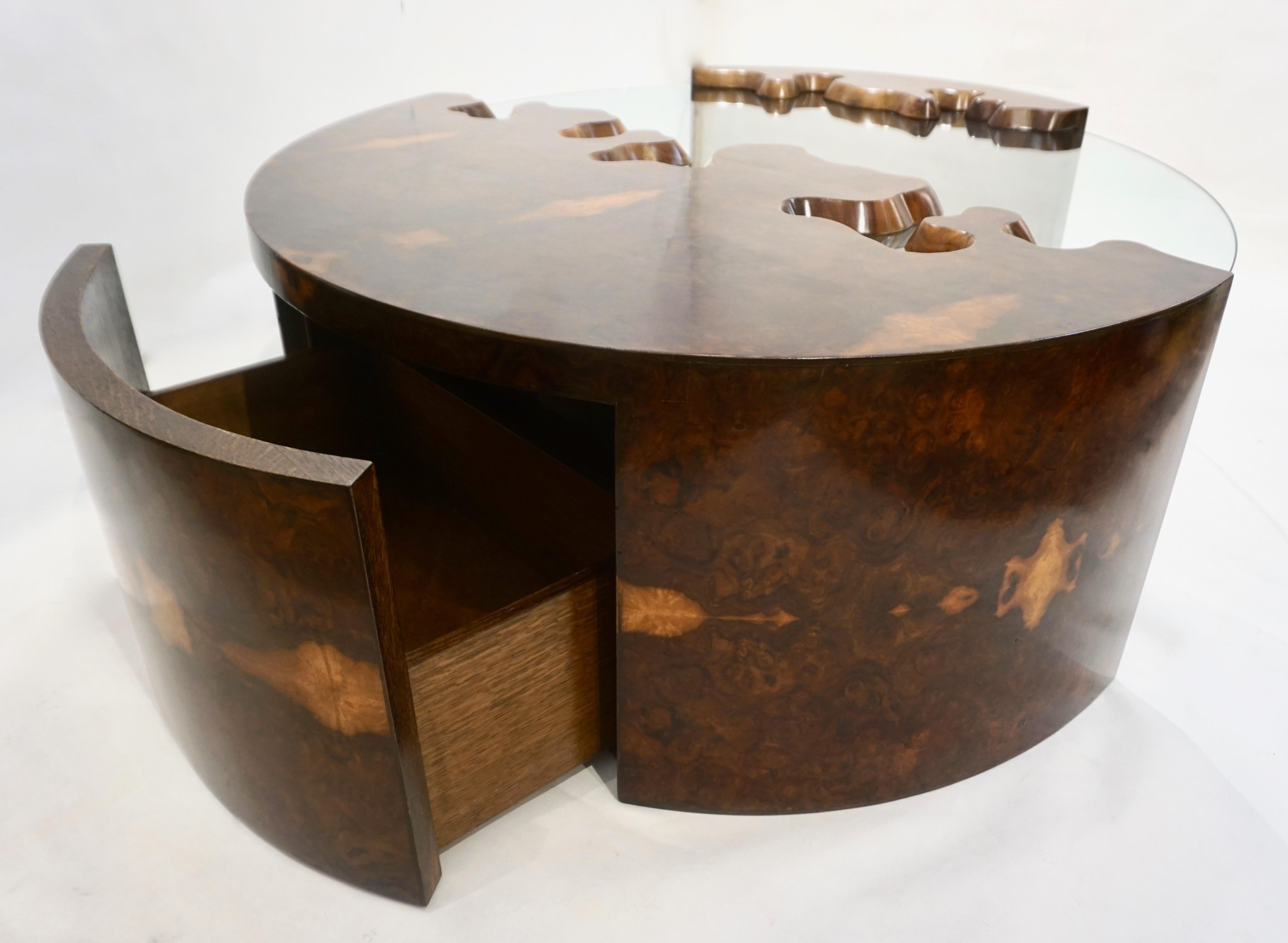 Bespoke 1980 Italian Organic Walnut Veneer & Glass Oval Coffee Table with Drawer In Good Condition In New York, NY