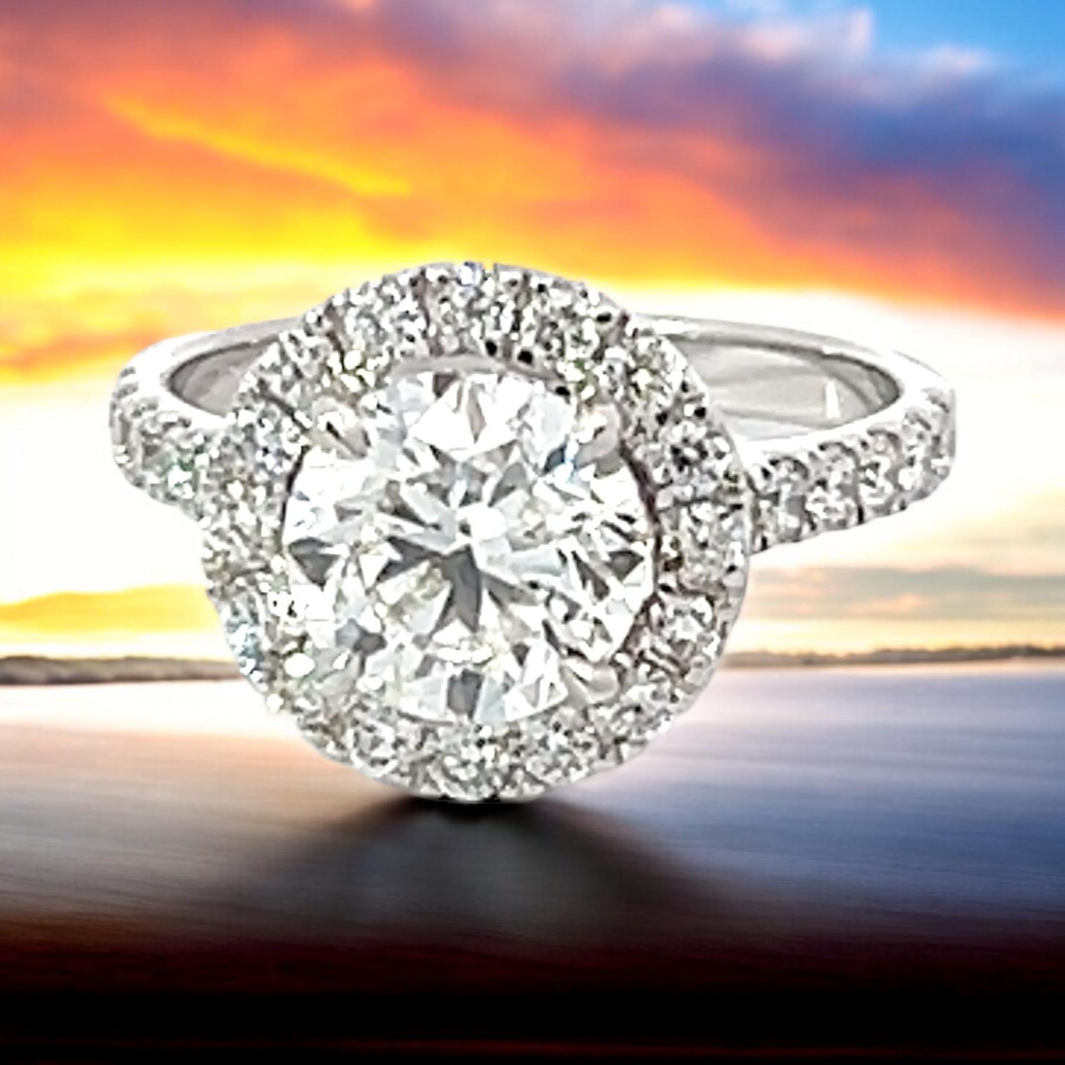 Bespoke 2 Carat Round Diamond GIA Certificate 18 Karat Gold Halo Engagement Ring For Sale 12