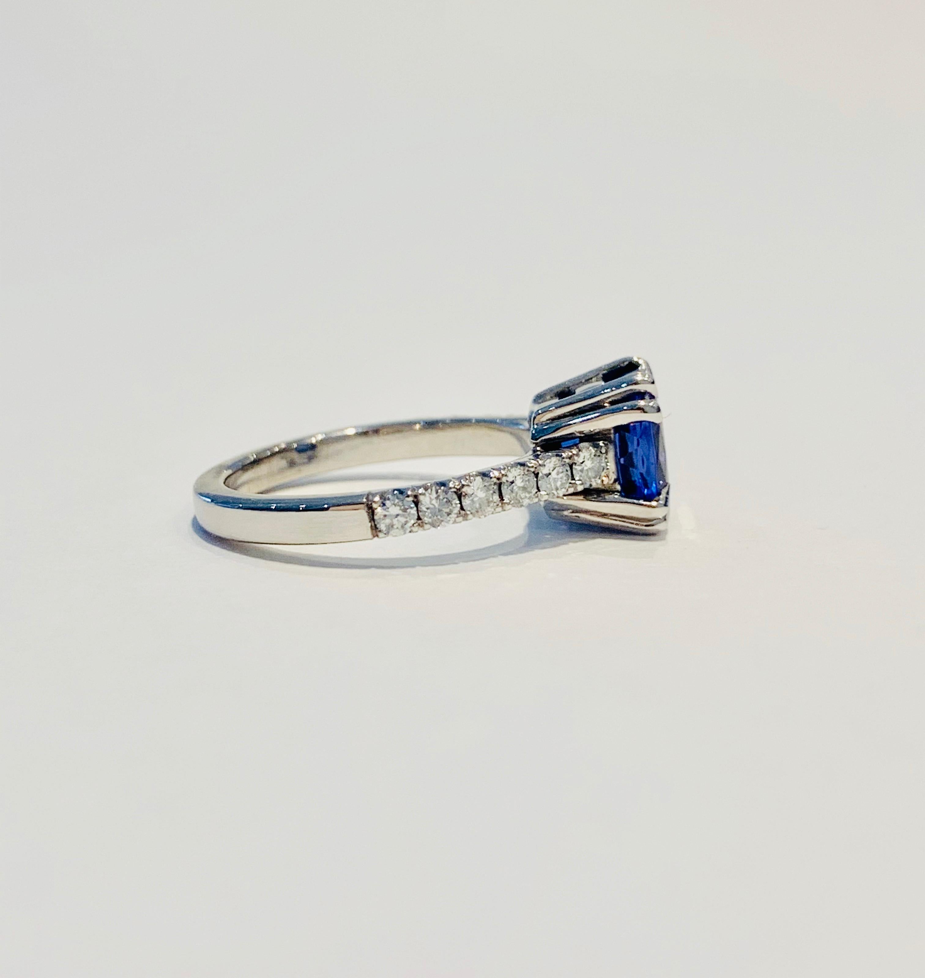 Modern Bespoke 2.69ct AAAA Cushion Cut Tanzanite and Diamond Ring in 18ct White Gold For Sale