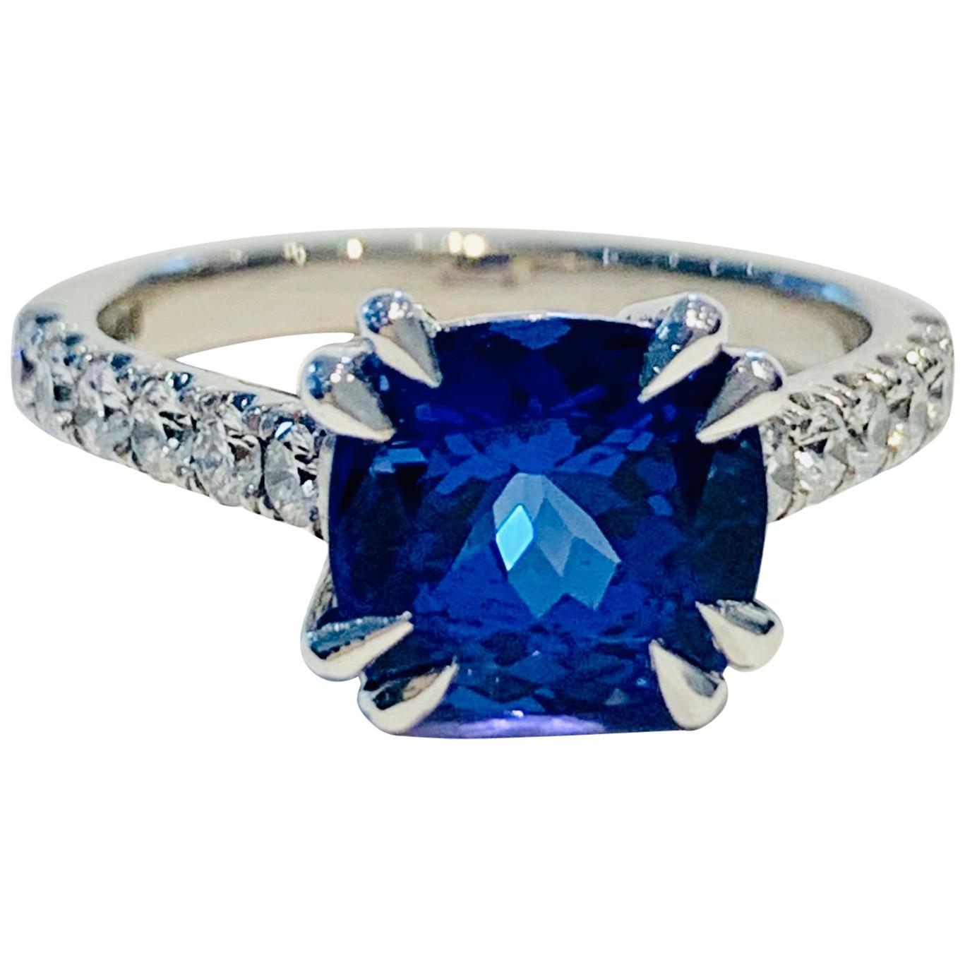 Bespoke 2.69ct AAAA Cushion Cut Tanzanite and Diamond Ring in 18ct White Gold For Sale