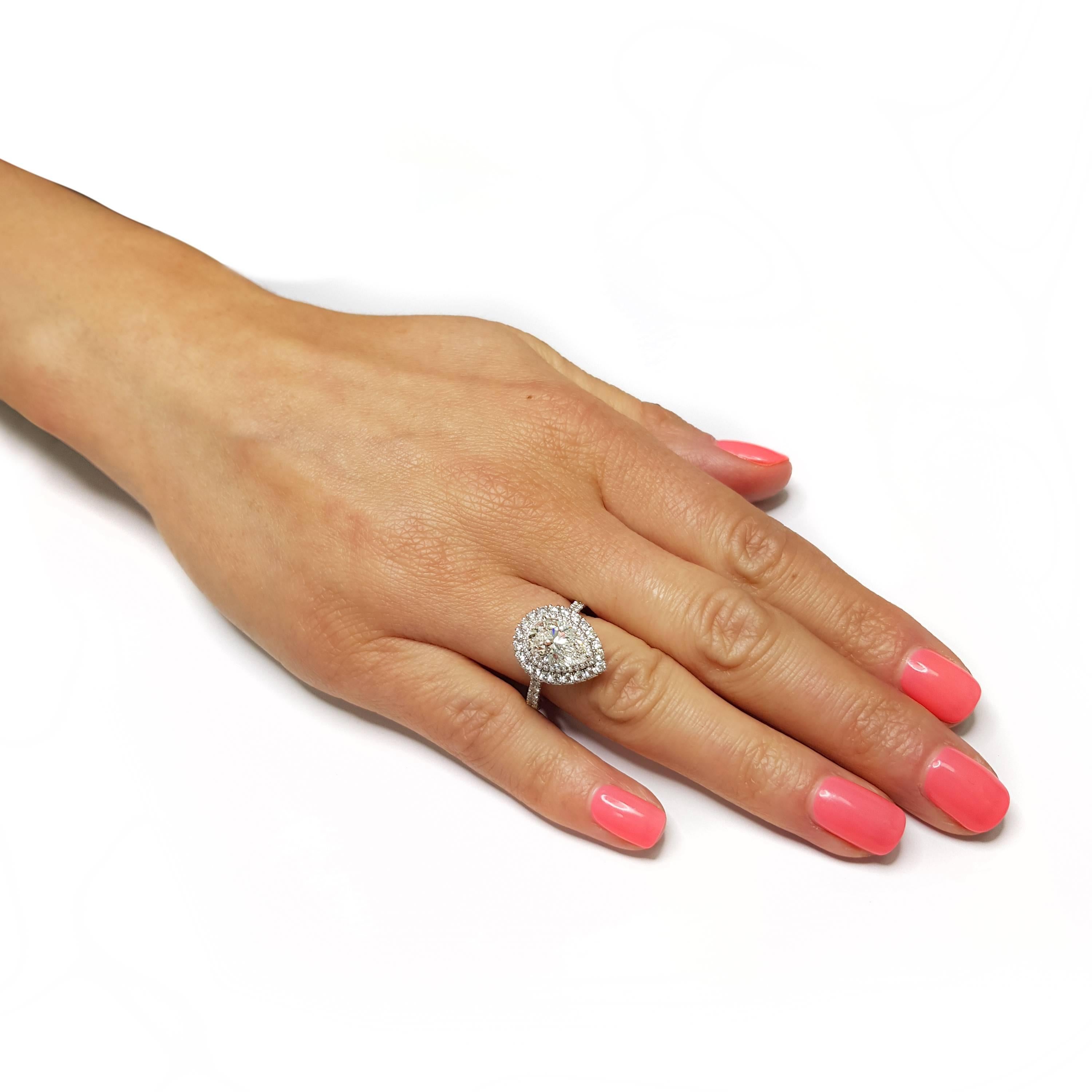 Women's Bespoke 2.90 Carat Pear D Color Double Halo Diamond Engagement Ring Platinum For Sale
