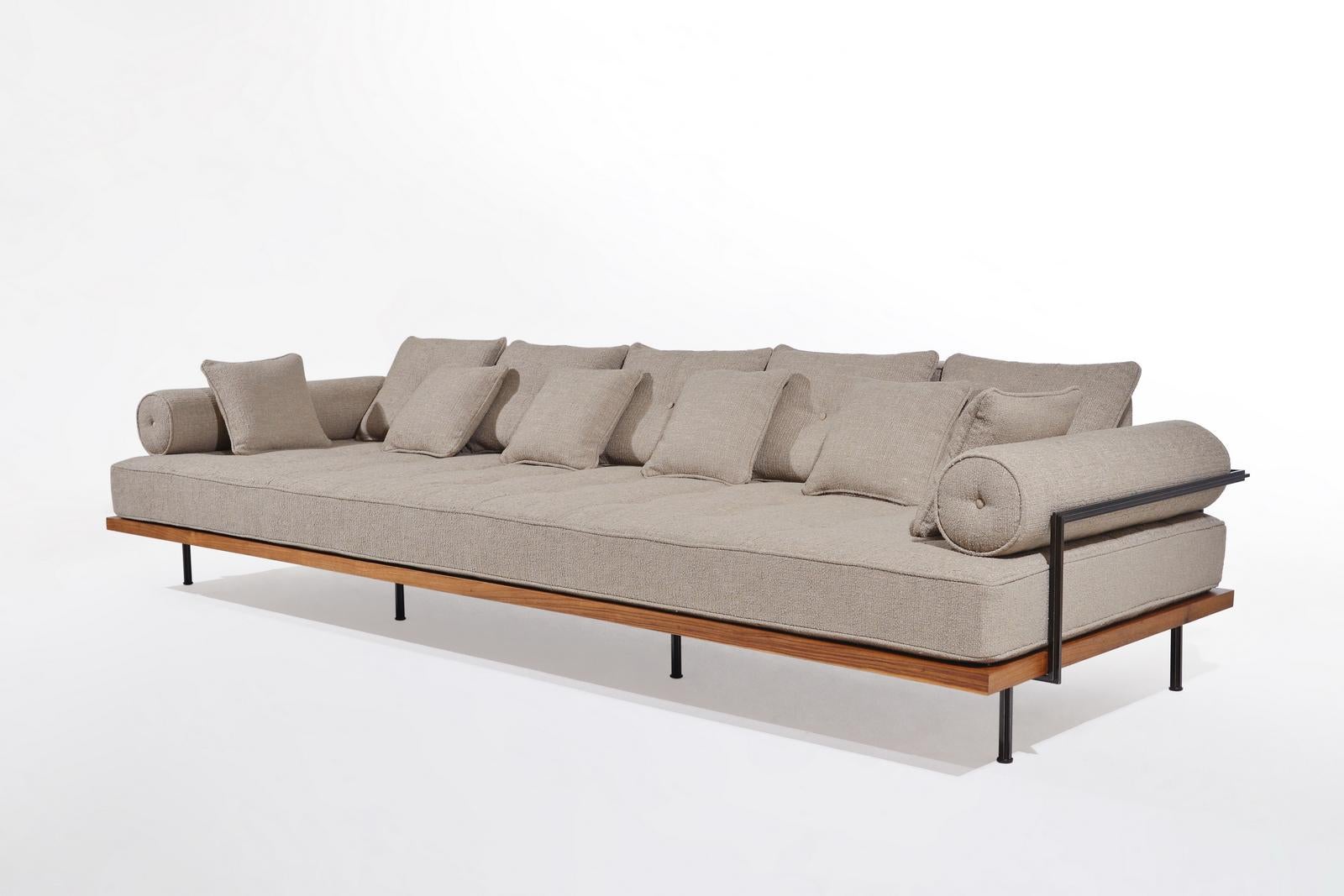 Mid-Century Modern Bespoke 3 Seater Sofa Reclaimed Hardwood & Brass Frame by P. Tendercool 'Indoor' For Sale