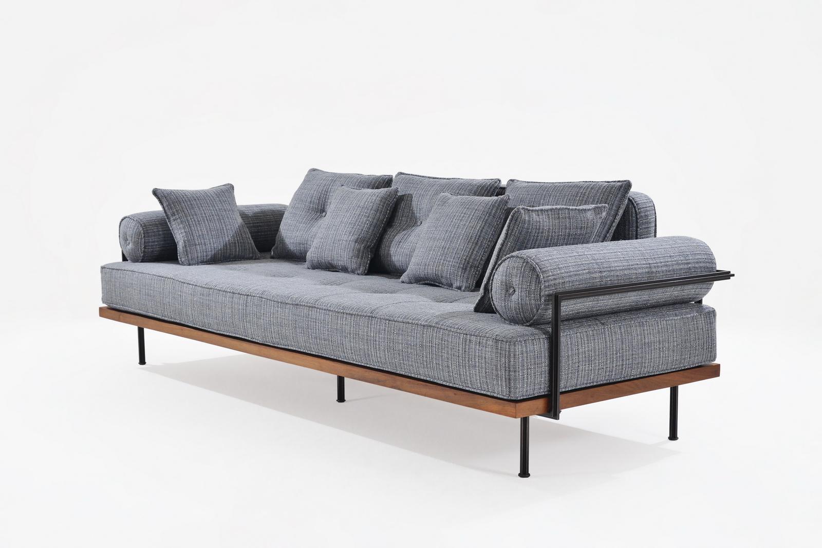 Mid-Century Modern Bespoke 3 Seater Sofa Reclaimed Hardwood & Brass Frame by P. Tendercool (Indoor) For Sale