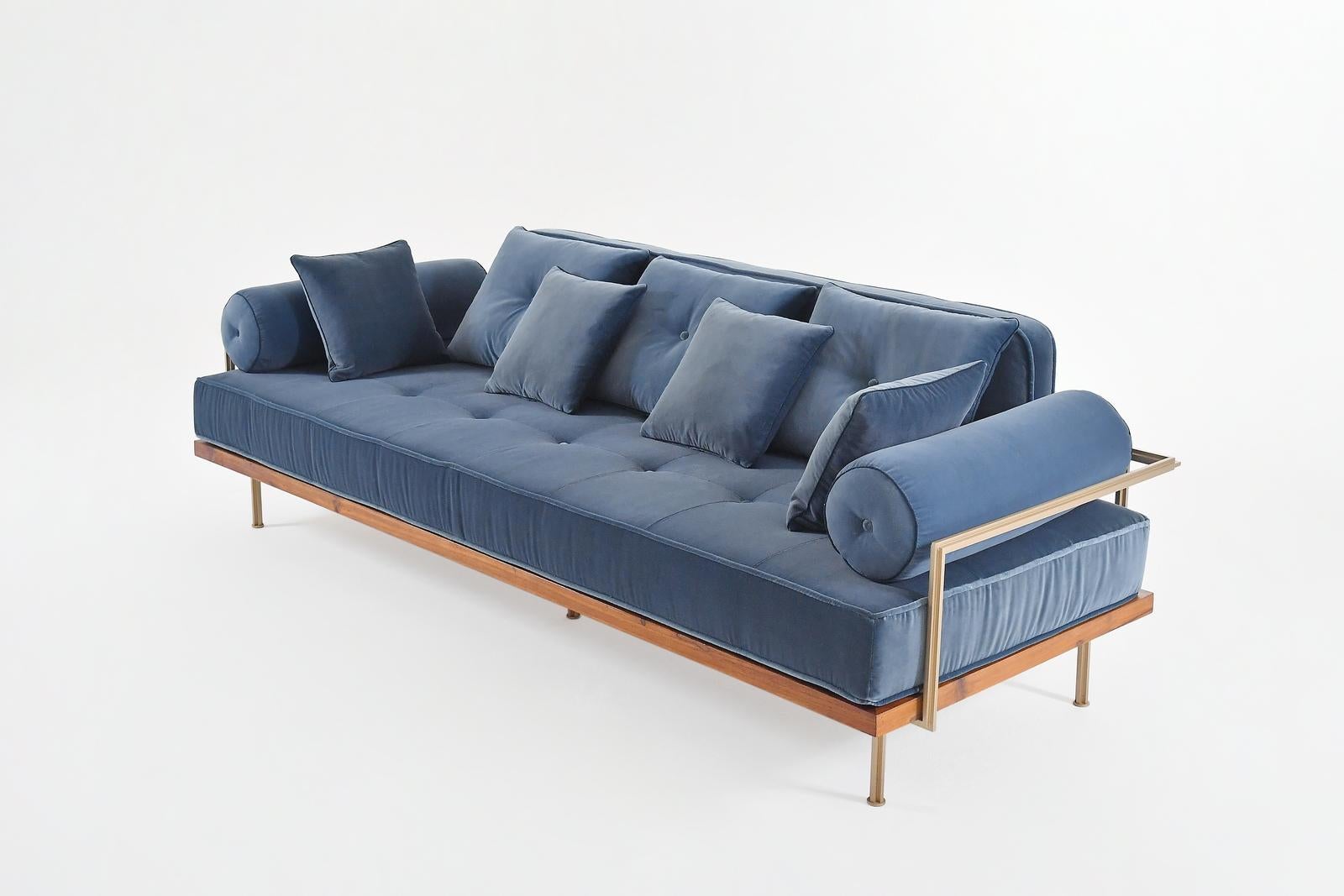 Thai Bespoke 3 Seater Sofa Reclaimed Hardwood & Brass Frame by P. Tendercool (Indoor) For Sale