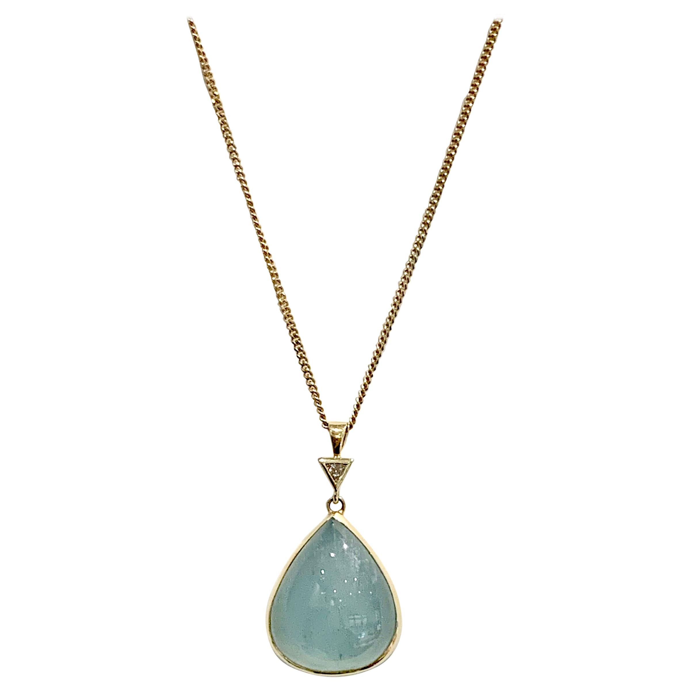 Bespoke 30 Carat Pear Cut Cabochon Aquamarine and Diamond Pendant 18 Carat Gold