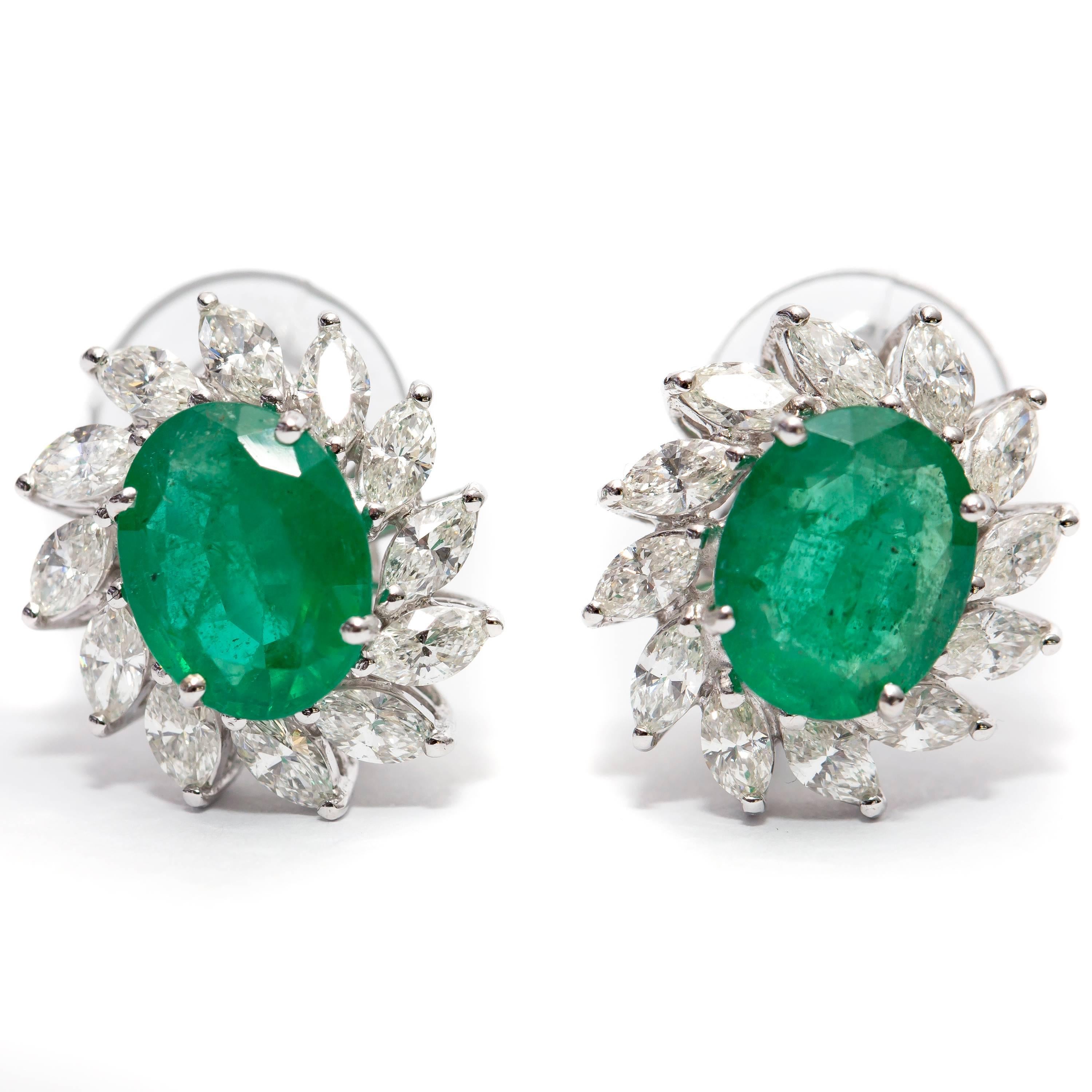 Modern Bespoke 3.50 Carat Green Emerald 1.50 Carat Marquise 18 Kt Gold Diamond Earrings For Sale