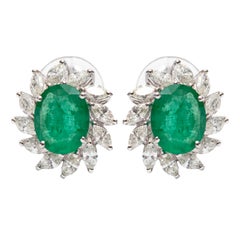 Bespoke 3.50 Carat Green Emerald 1.50 Carat Marquise 18 Kt Gold Diamond Earrings