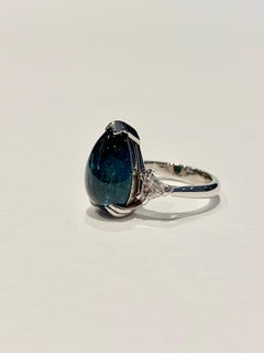 Bespoke 5.27ct Blue Tourmaline Pear Cut Cabochon Diamond Ring in 18ct White Gold