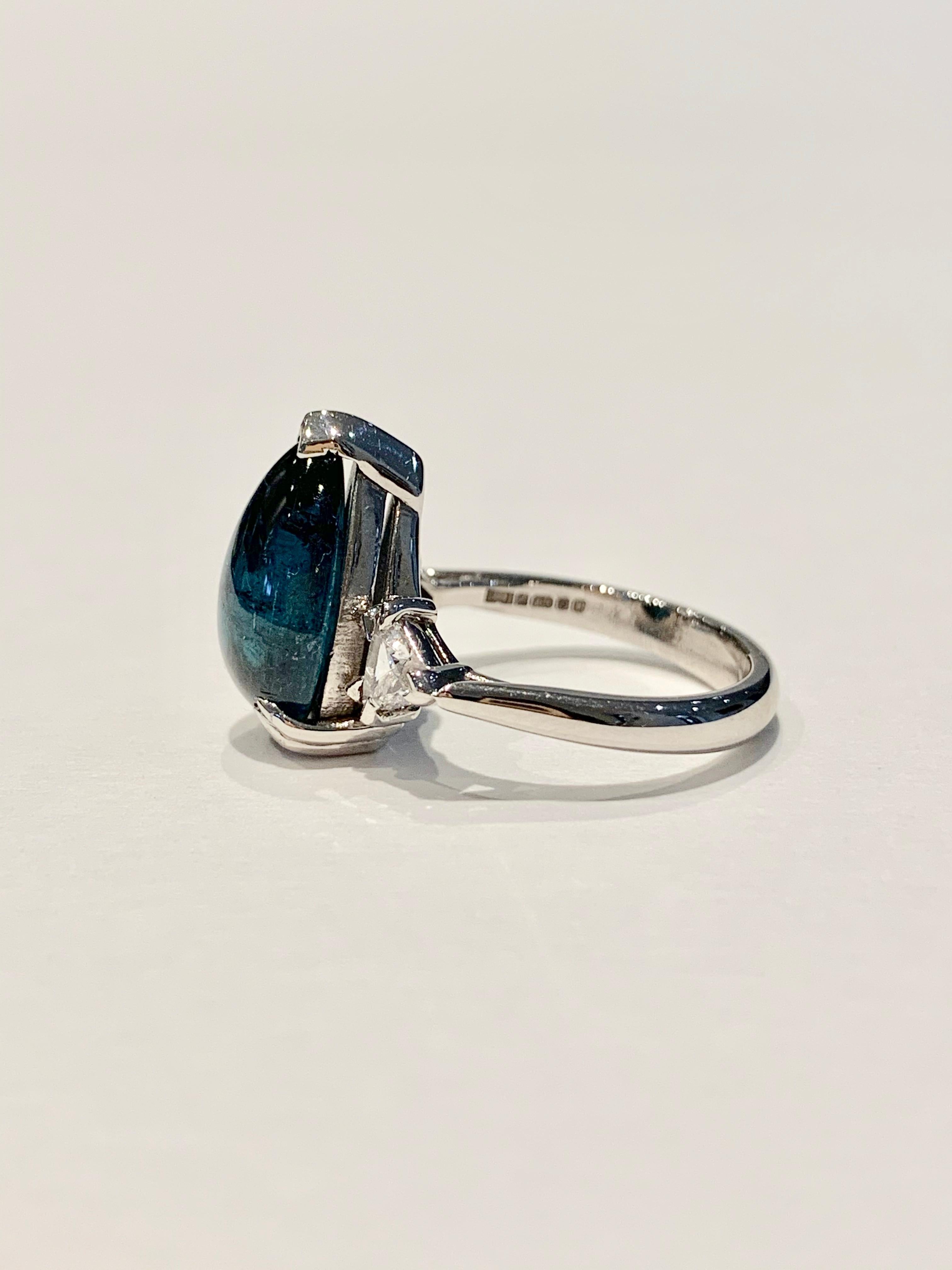 Modern Bespoke 5.27ct Blue Tourmaline Pear Cut Cabochon Diamond Ring in 18ct White Gold For Sale