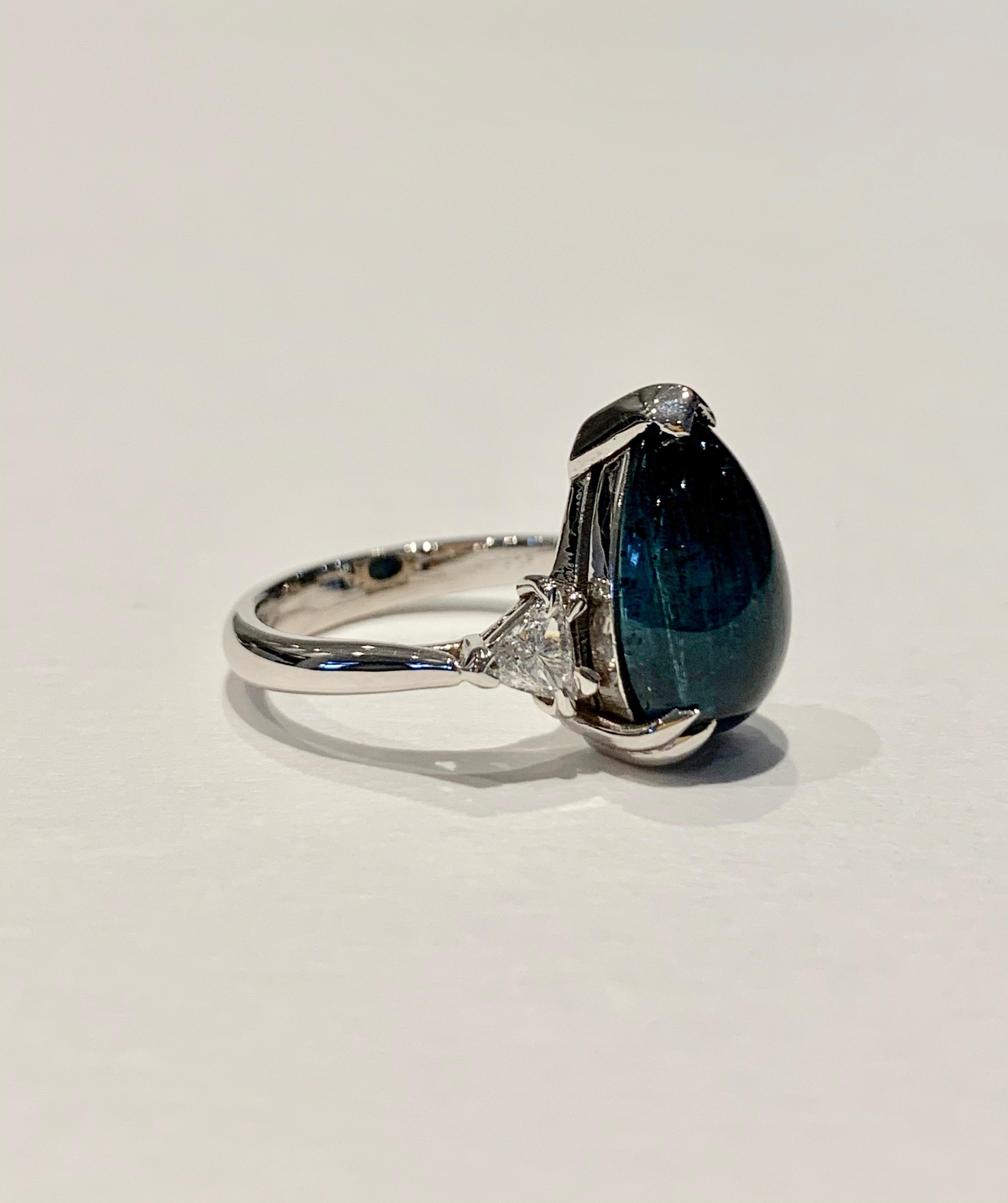 Bespoke 5.27ct Blue Tourmaline Pear Cut Cabochon Diamond Ring in 18ct White Gold For Sale 1