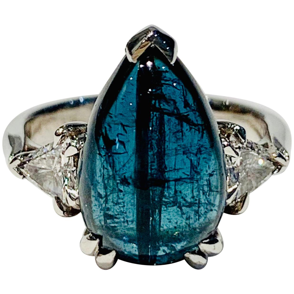 Bespoke 5.27ct Blue Tourmaline Pear Cut Cabochon Diamond Ring in 18ct White Gold For Sale