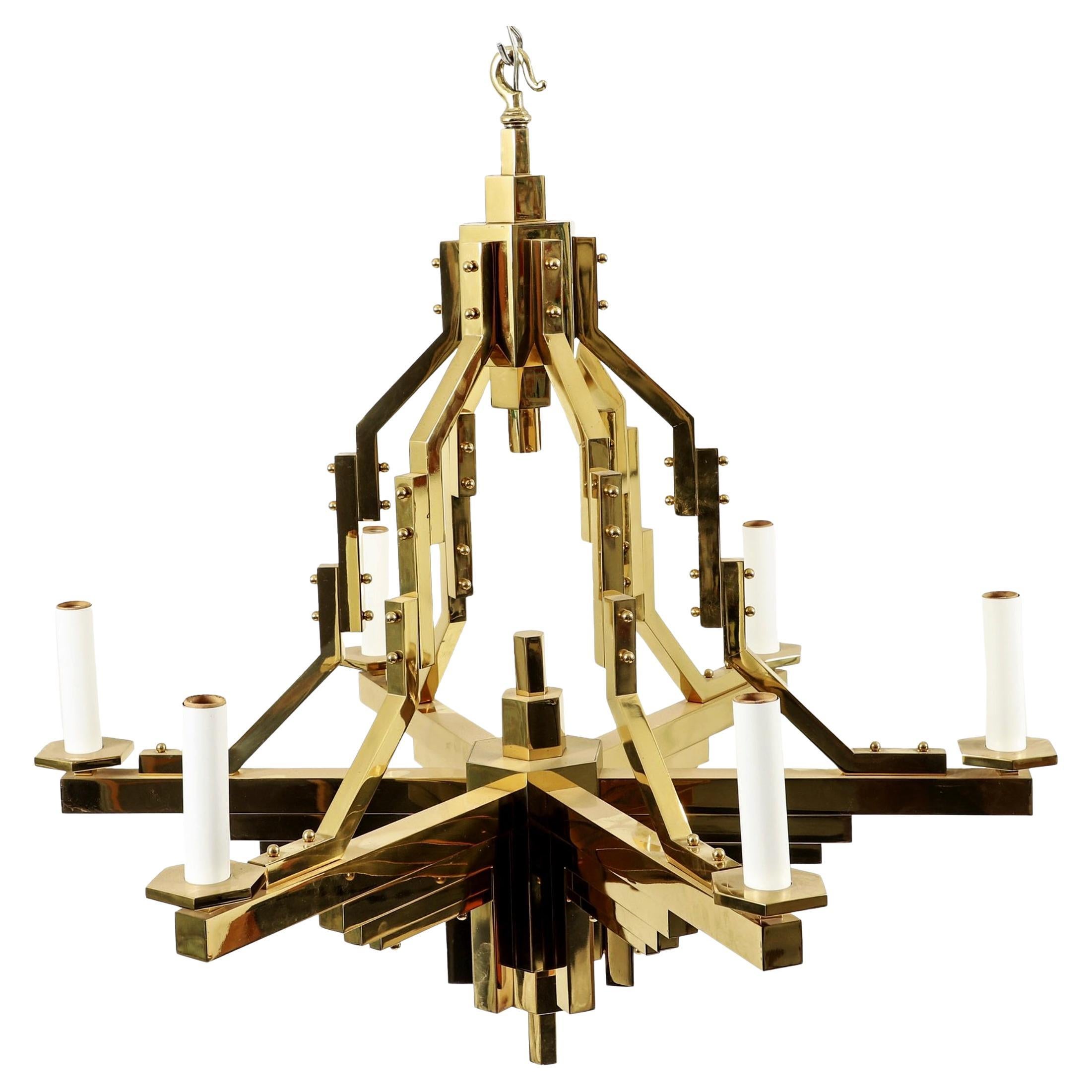 Lustre Art Déco à 6 bras en laiton sur mesure de Francis Nowalk en vente