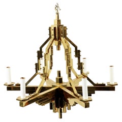 Bespoke 6 Arm Art Deco Brass Chandelier by Francis Nowalk