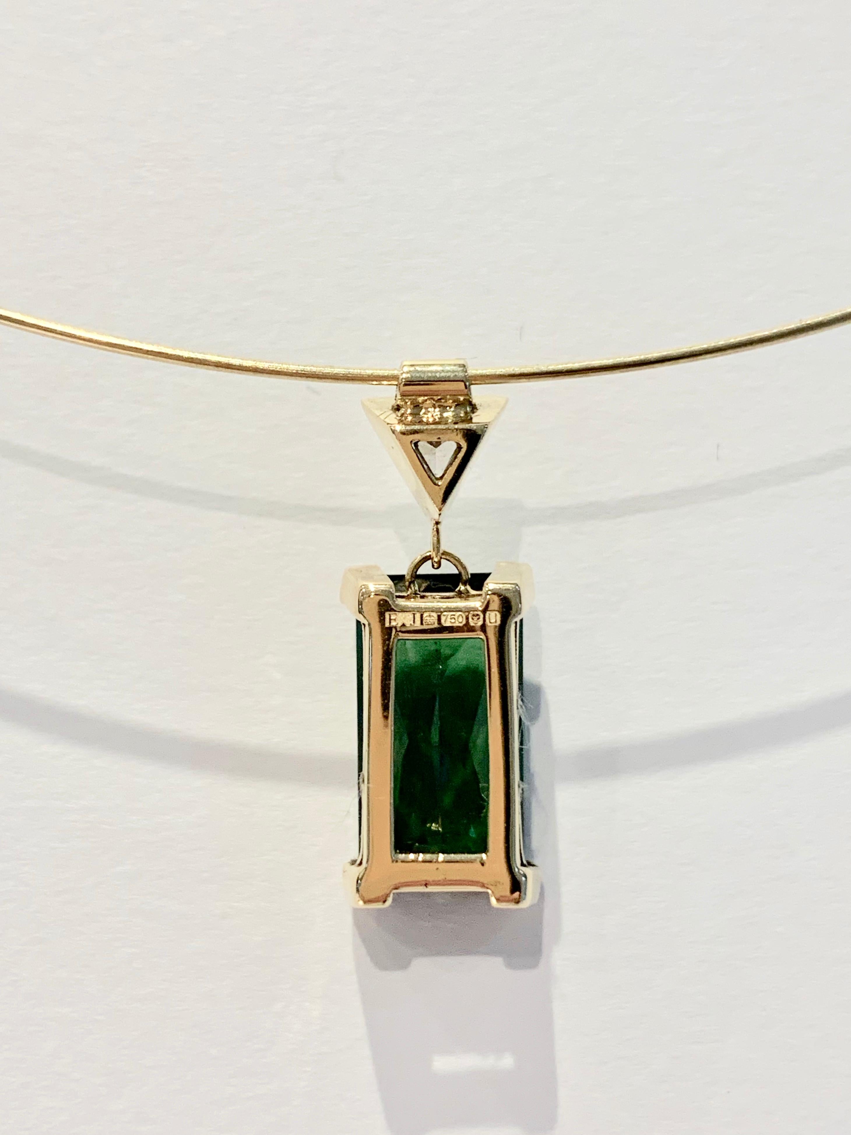 Modern Bespoke 6.10ct Octagon Cut Green Tourmaline Diamond Pendant on 18ct Neck Wire For Sale