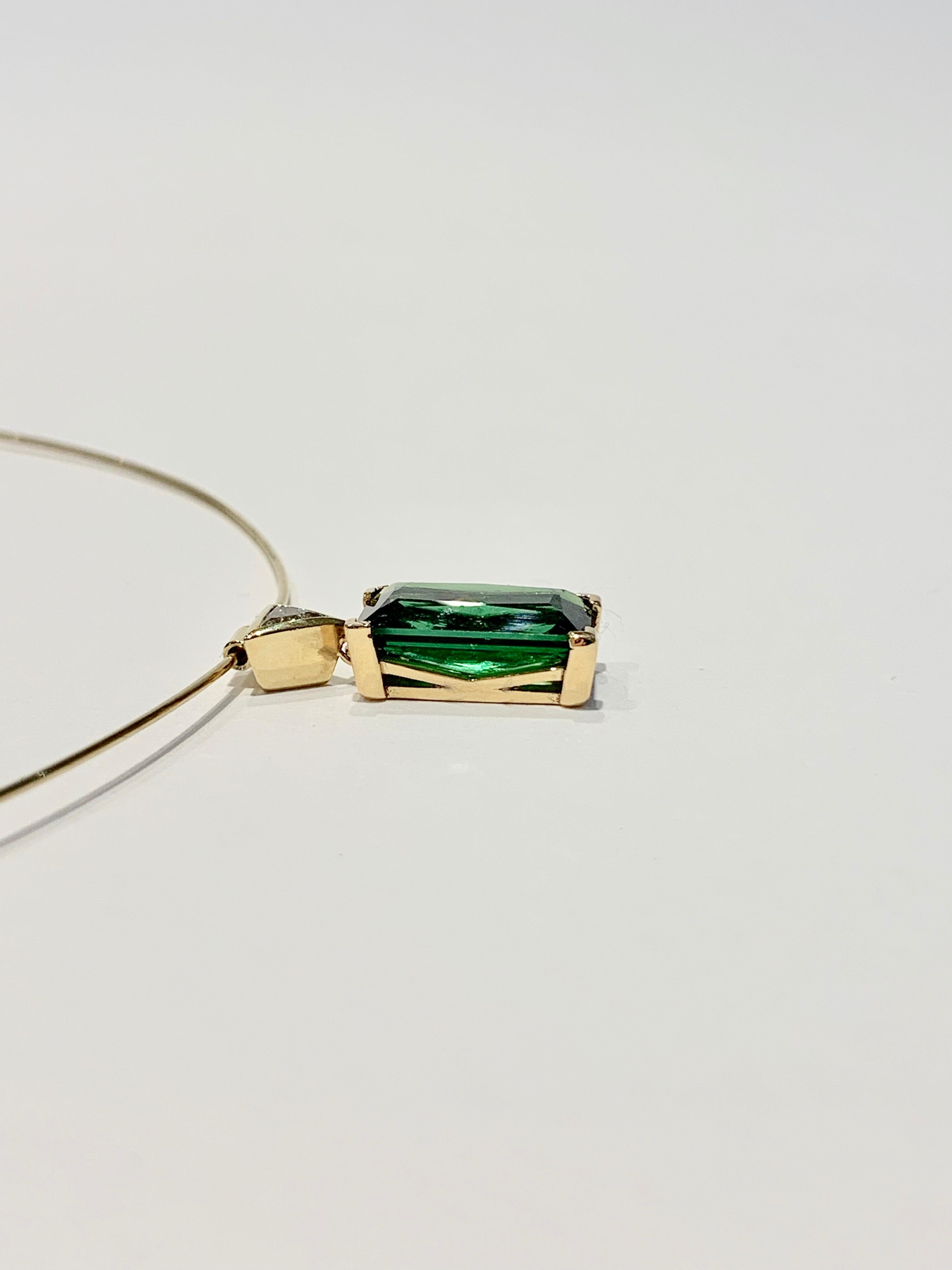Emerald Cut Bespoke 6.10ct Octagon Cut Green Tourmaline Diamond Pendant on 18ct Neck Wire For Sale