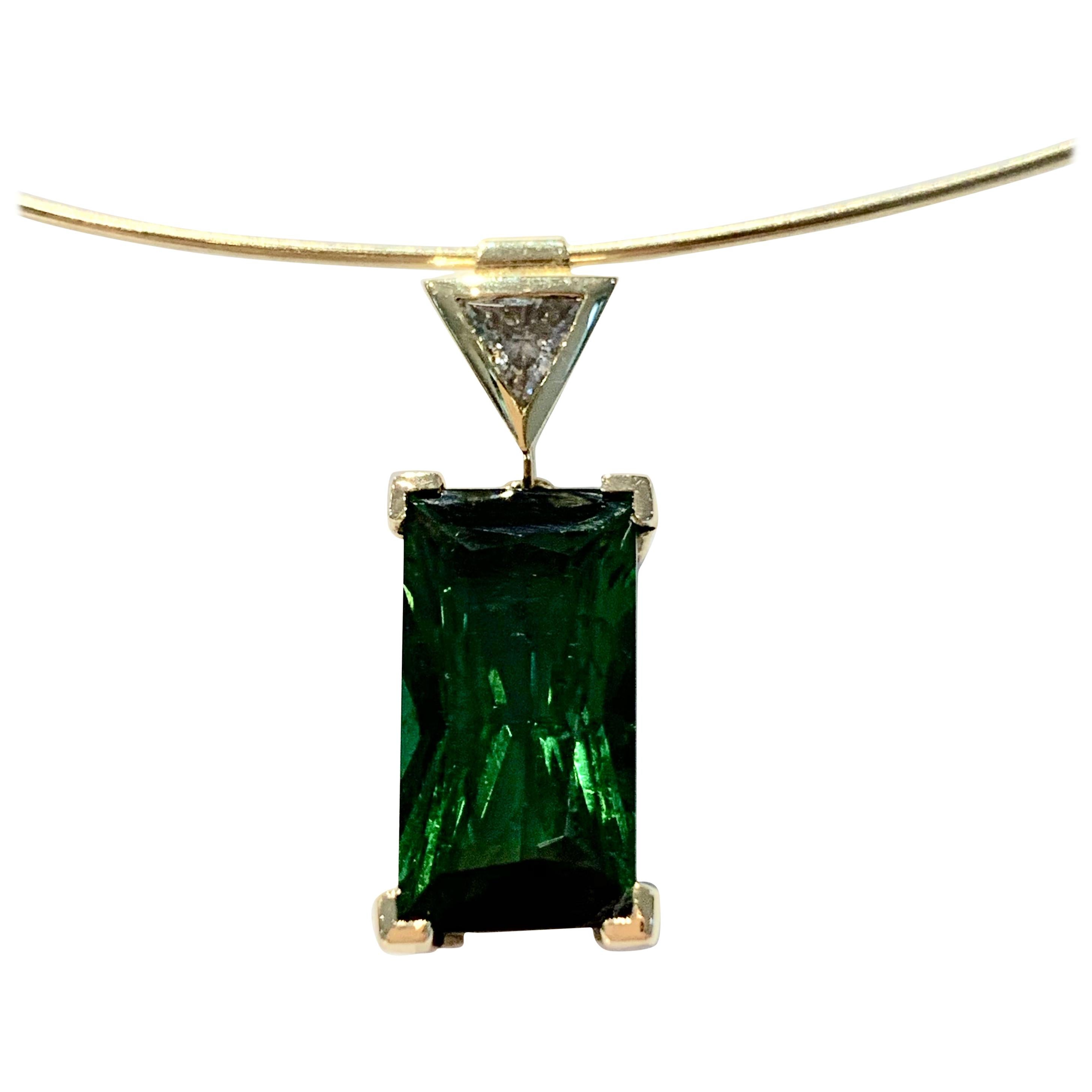 Bespoke 6.10ct Octagon Cut Green Tourmaline Diamond Pendant on 18ct Neck Wire For Sale