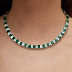 Bespoke 75 Carats Colombian Emeralds and Emerald Cut Diamond Platinum Necklace