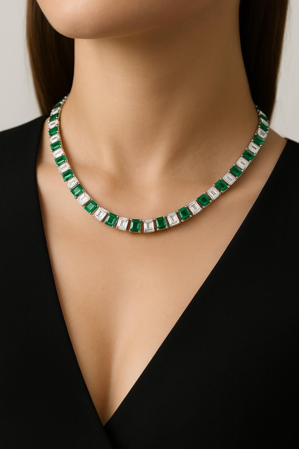 Bespoke 75 Carats Colombian Emeralds and Emerald Cut Diamond Platinum Necklace In New Condition For Sale In Chicago, IL