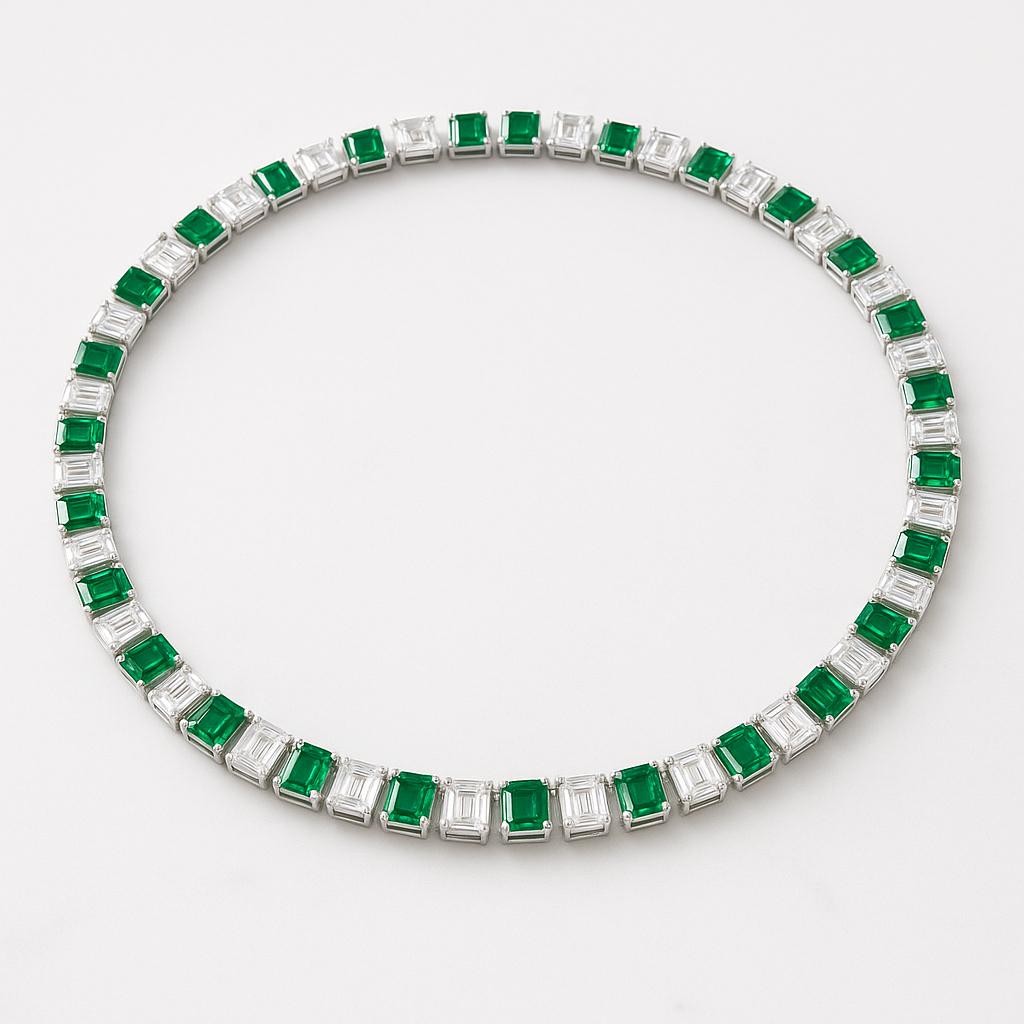 Contemporary Bespoke 75 Carats Colombian Emeralds and Emerald Cut Diamond Platinum Necklace For Sale