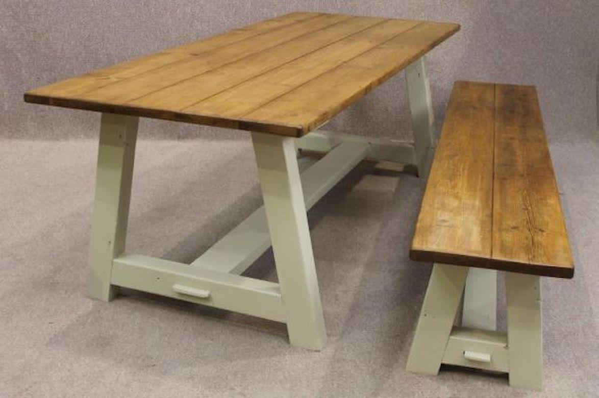 A fine Bespoke A-frame distressed pine table, 20th century.

This distressed pine table is a fantastic addition to our large and extensive range of pine tables.

These fantastic A-frame, cross stretcher tables feature magnificent charm and