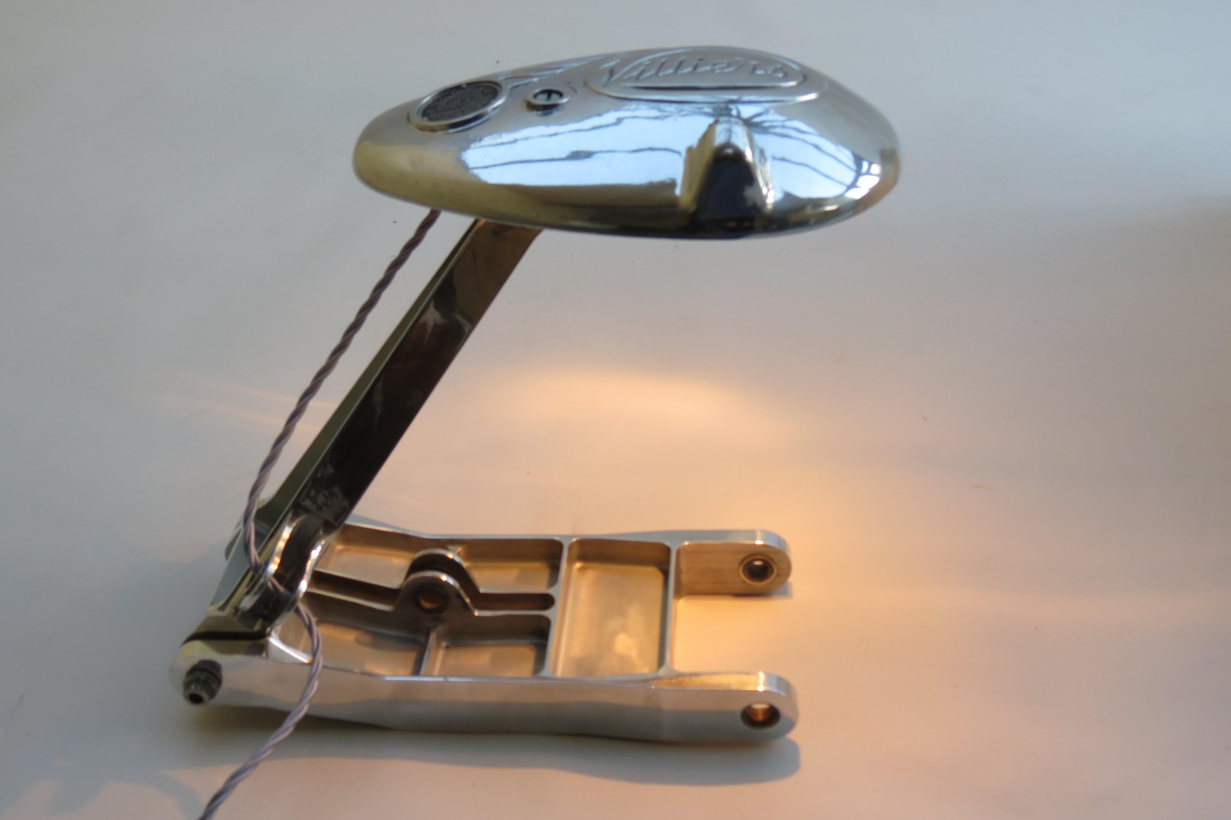 Exceptional quality bespoke made desk lamp.  This lamp is bespoke made using an aluminium Villiers Motorcycle crank case and a Boeing 747 flap arm.  Good quality engineering and a great design.  Newly wired.  A wonderful unique quality desk