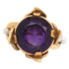 Bespoke Amethyst and Pearl Flower Ring in 14K Yellow Gold