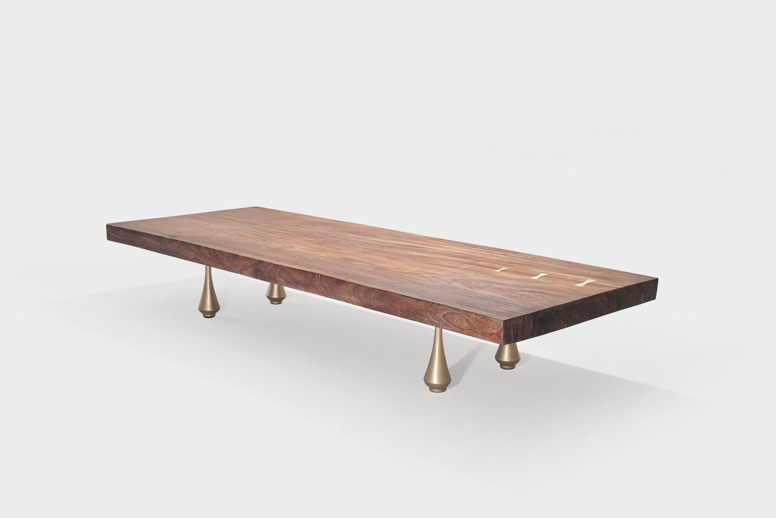 Thai Bespoke Antique Single Slab Coffee Table, Sand Cast Brass Base by P. Tendercool For Sale