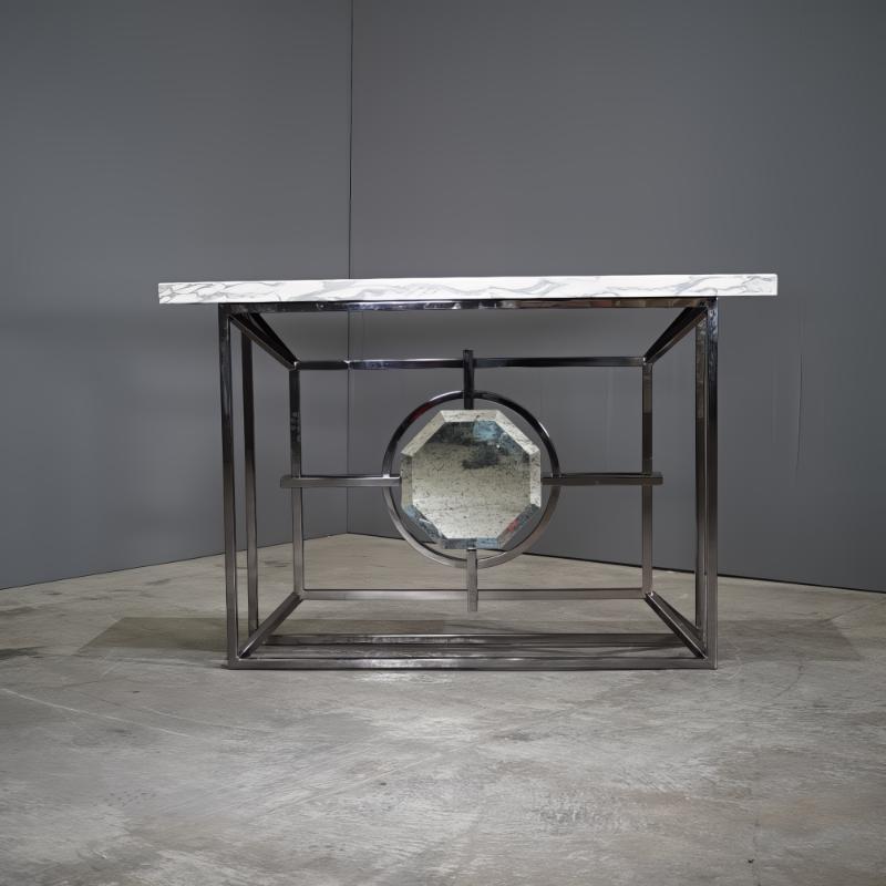 Bespoke Arabescato Corchia White Marble Top Console Table with Plated Steel Base Exquisitely crafted, the Bespoke Arabescato Corchia White Marble Top Console Table blends elegance and contemporary style. Its luxurious Arabescato Corchia marble top