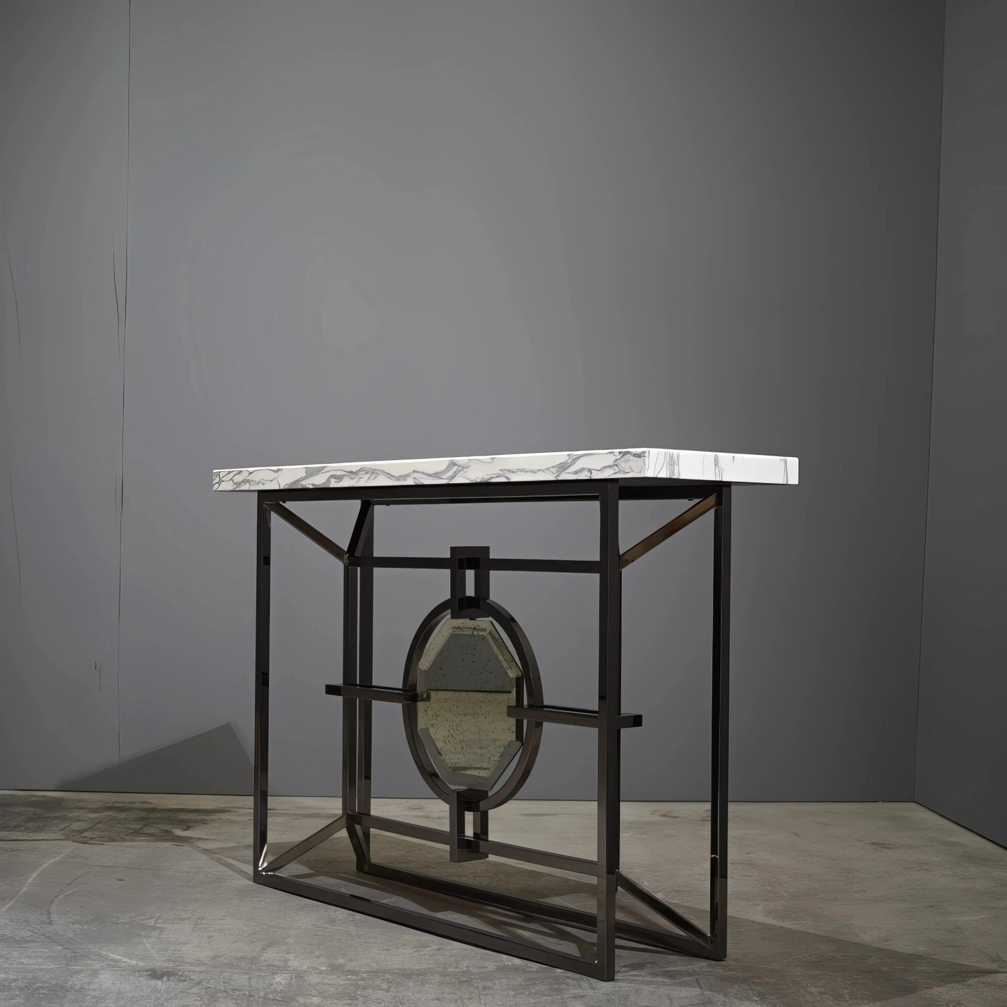Contemporary Bespoke Arabescato Corchia White Marble Top Console Table with Plated Steel Base For Sale