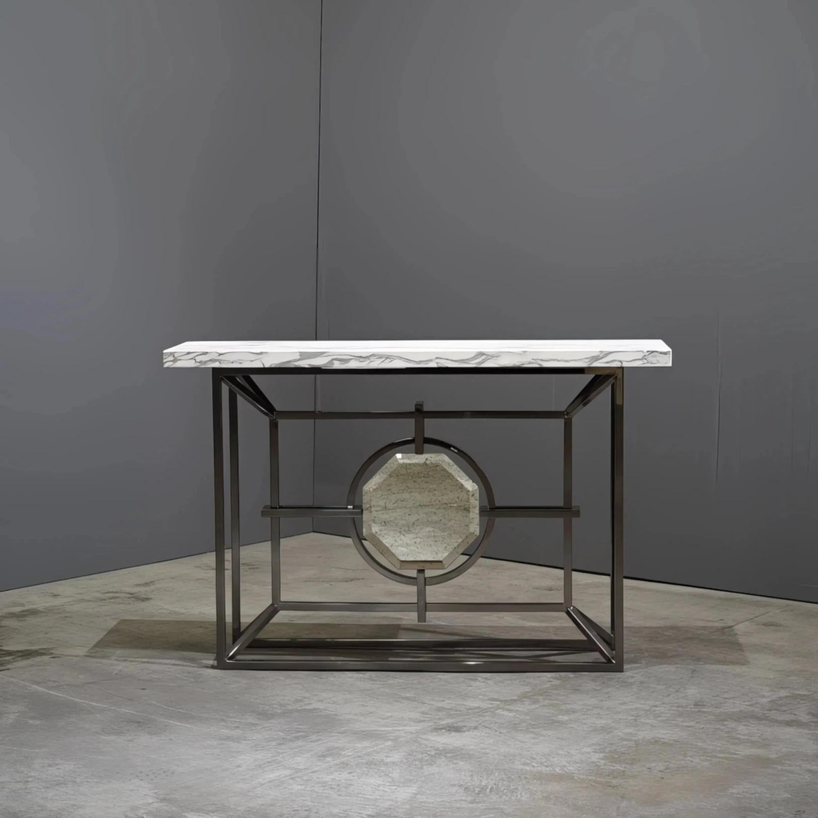 Bespoke Arabescato Corchia White Marble Top Console Table with Plated Steel Base For Sale 1