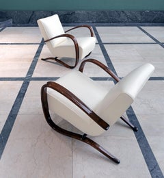 Bespoke Armchairs By J. Halabala, Cream Leather Upholstery, Glossy Wood Finish