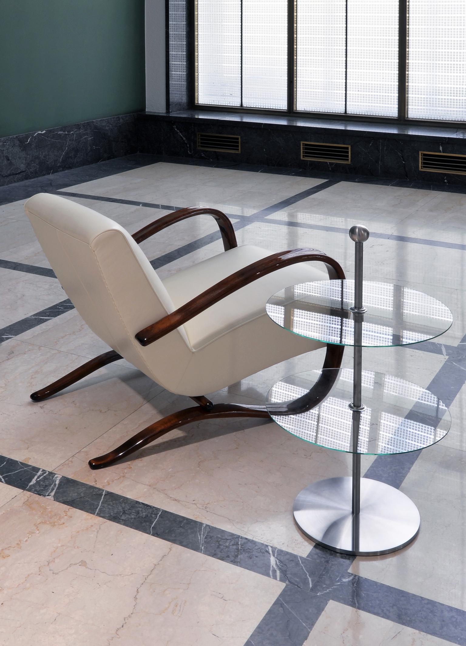 Czech Bespoke Armchairs By J. Halabala, Cream Leather Upholstery, Glossy Wood Finish For Sale