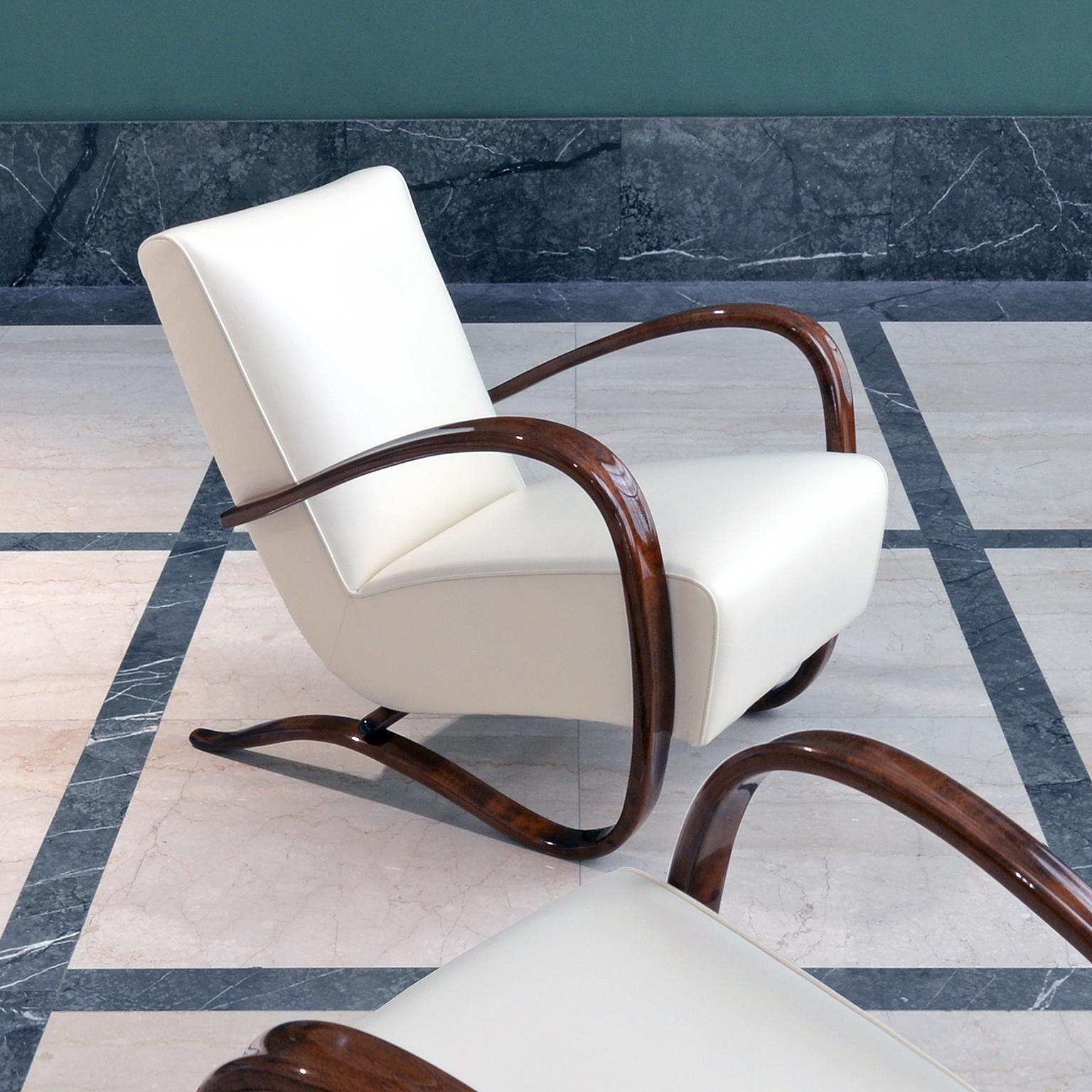 Art Deco Bespoke Armchairs By J. Halabala, Cream Leather Upholstery, Glossy Wood Finish For Sale