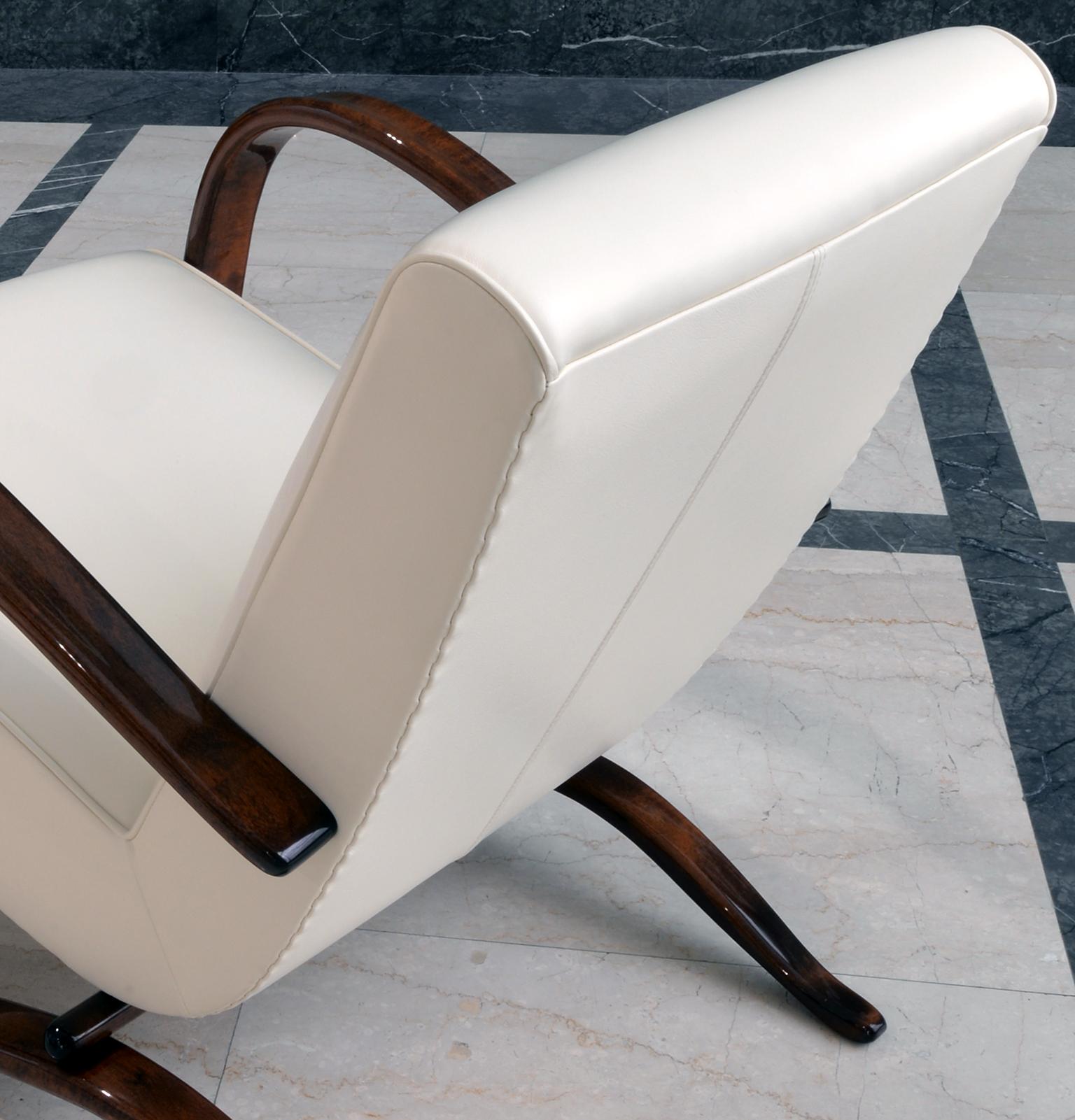 Mid-20th Century Bespoke Armchairs By J. Halabala, Cream Leather Upholstery, Glossy Wood Finish For Sale