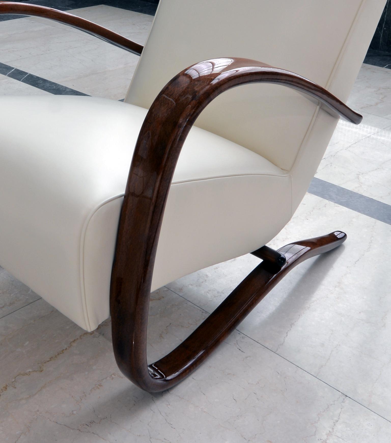 Bespoke Armchairs By J. Halabala, Cream Leather Upholstery, Glossy Wood Finish For Sale 1