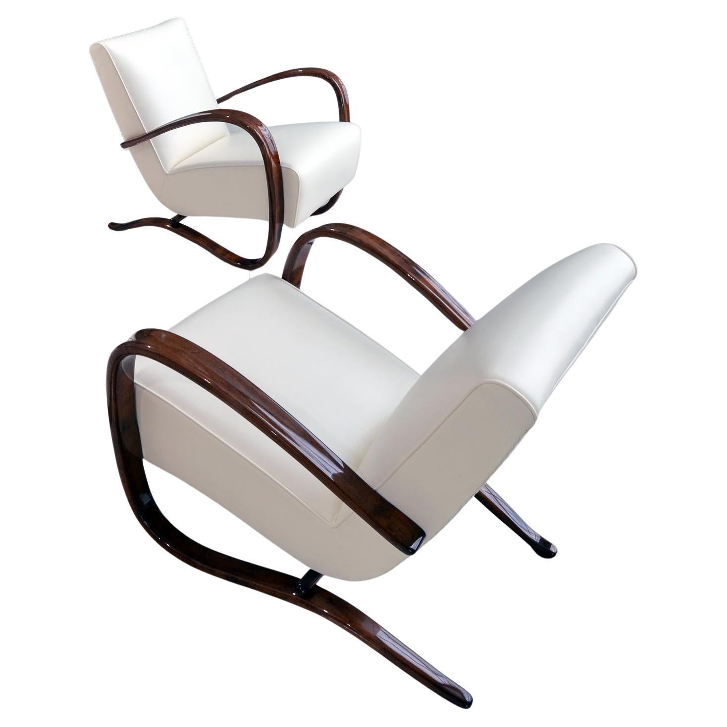 Bespoke Armchairs By J. Halabala, Cream Leather Upholstery, Glossy Wood Finish