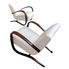 Bespoke Armchairs By J. Halabala, Cream Leather Upholstery, Glossy Wood Finish