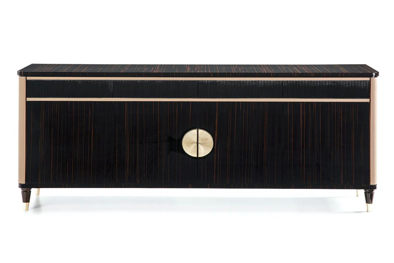 Bespoke Art Deco Design Handmade Katalox Wood & Leather 4-Drawer Sideboard For Sale 3