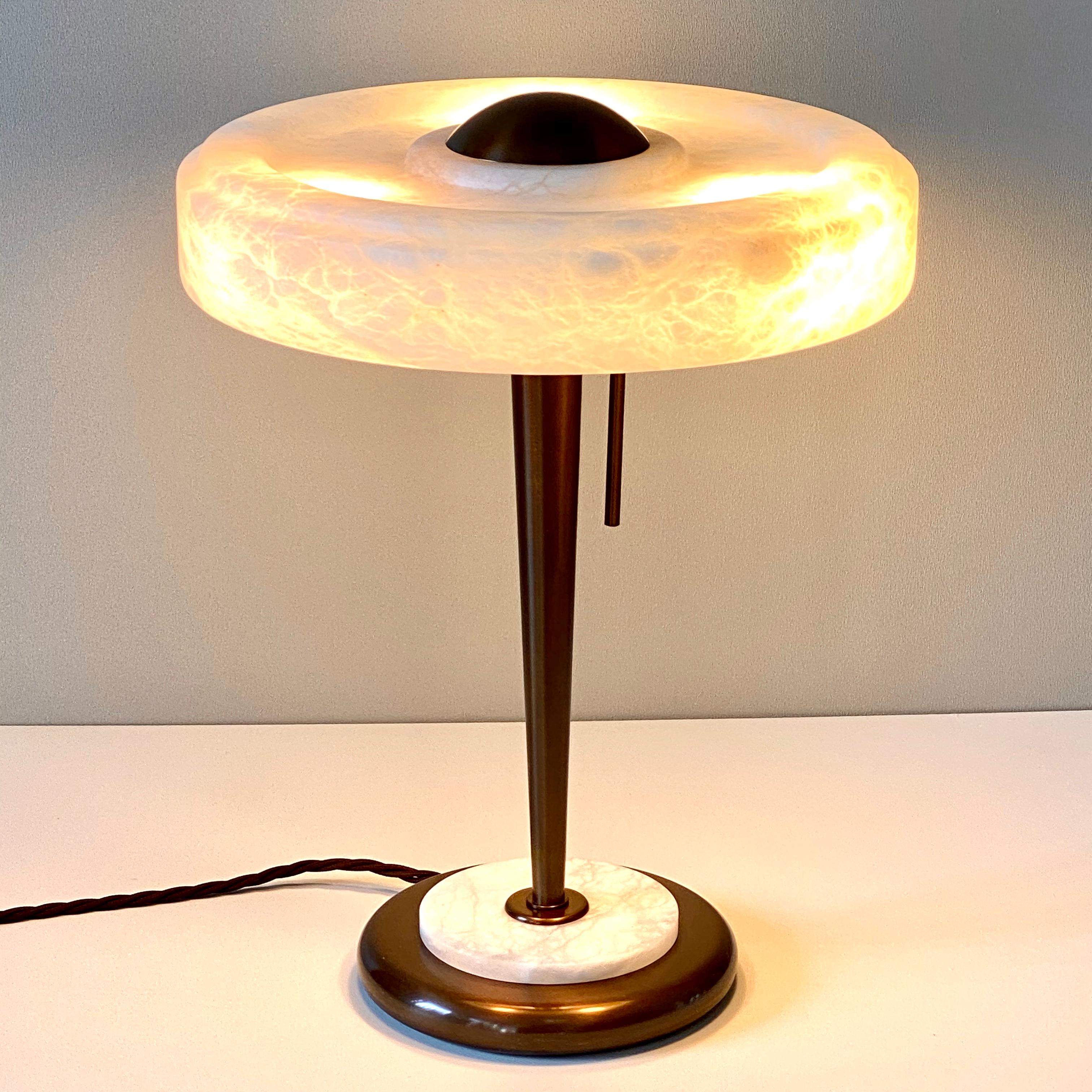 Organic Modern Bespoke Art Deco Design Italian White Alabaster & Bronze Color Round Table Lamp