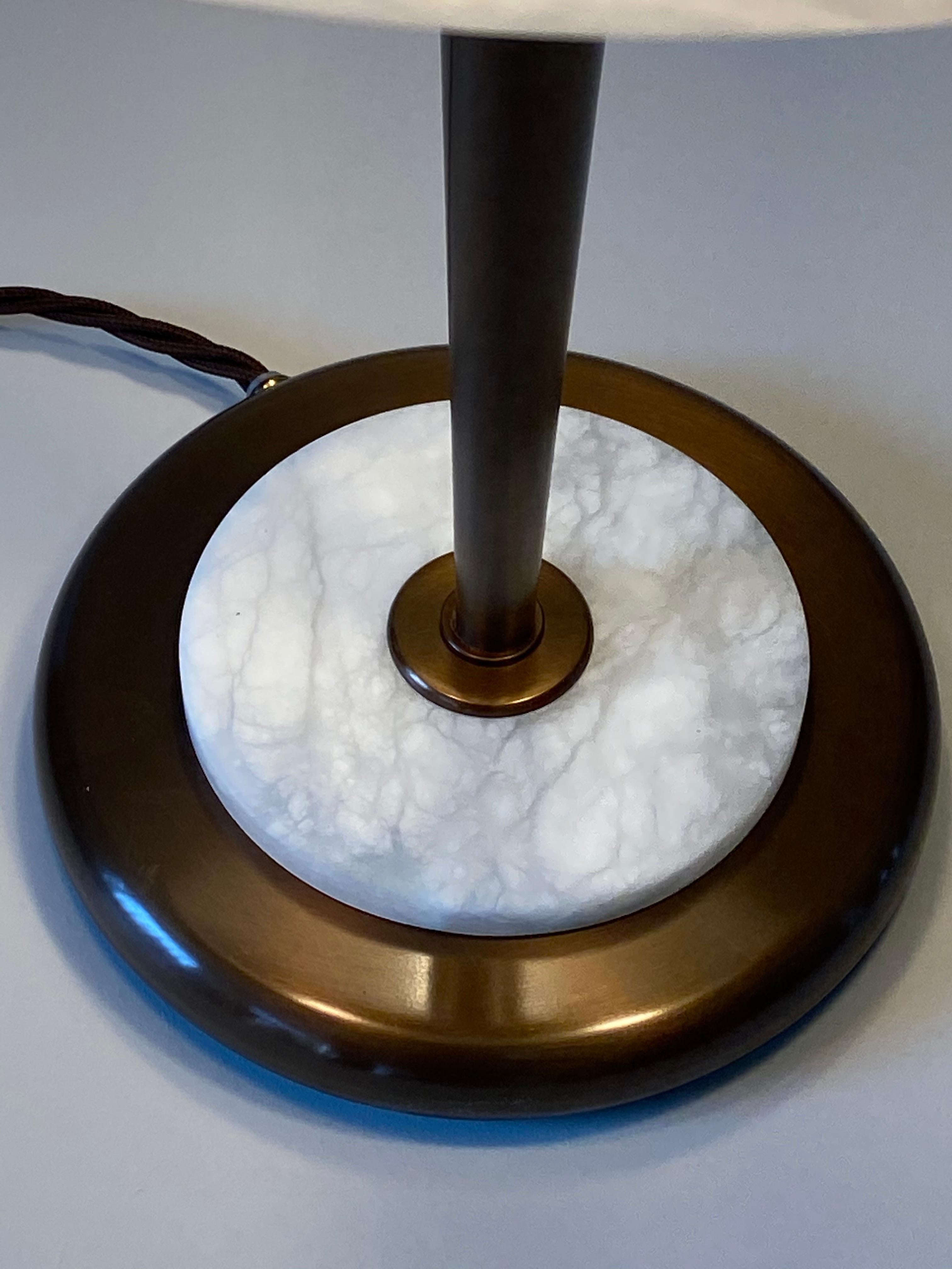 Bespoke Art Deco Design Italian White Alabaster & Bronze Color Round Table Lamp In New Condition In New York, NY