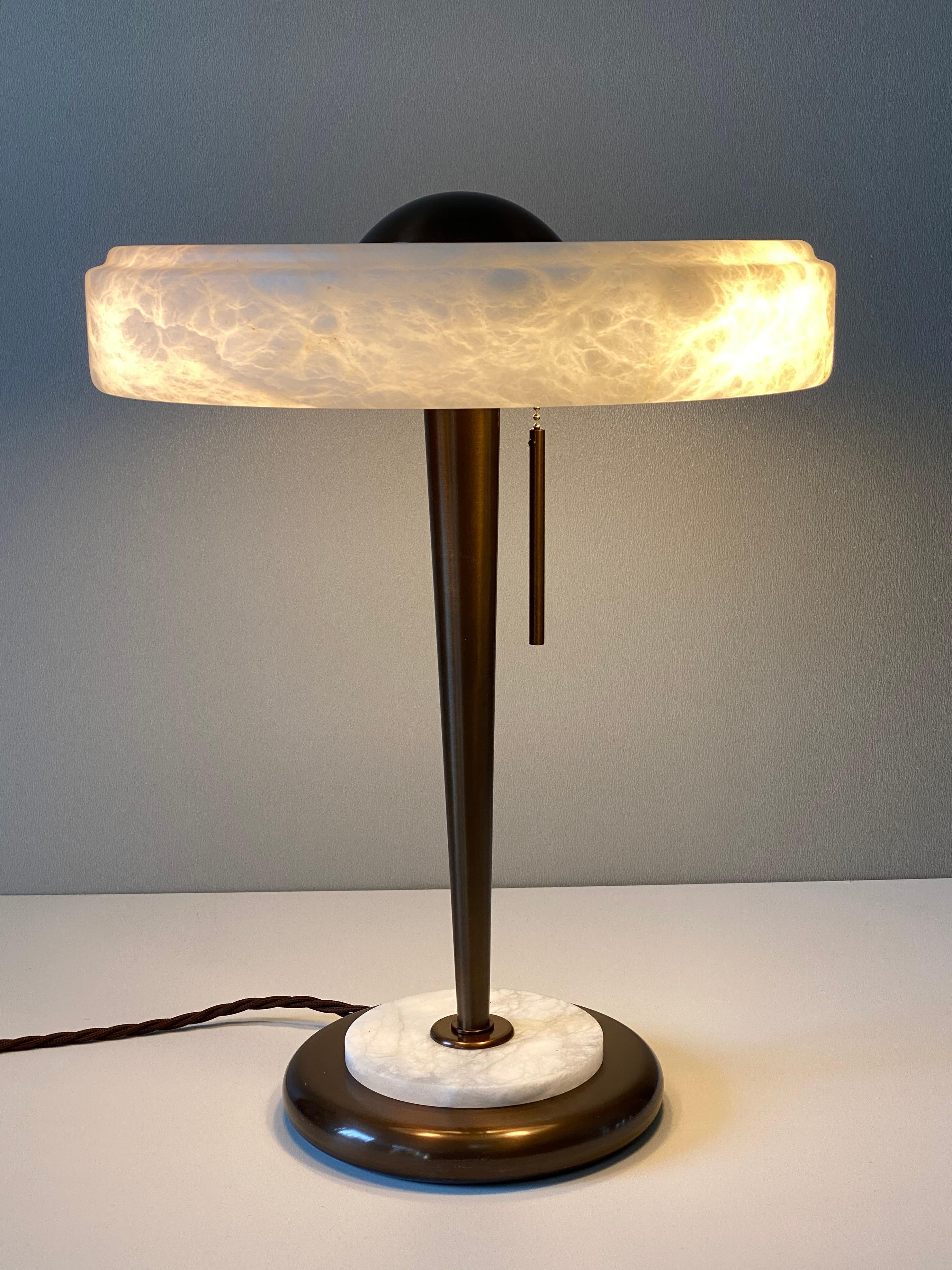 Bespoke Art Deco Design Italian White Alabaster & Bronze Color Round Table Lamp 1