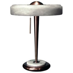 Bespoke Art Deco Design Italian White Alabaster & Bronze Color Round Table Lamp