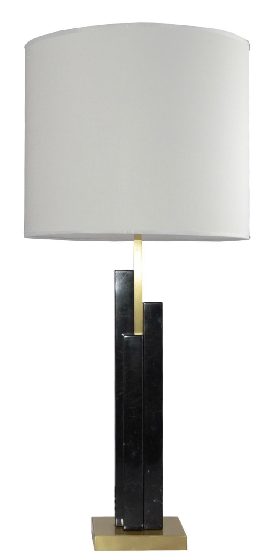 Italian Art Deco Style Pair of Black White Marble Satin Brass Modern Table Lamps 8