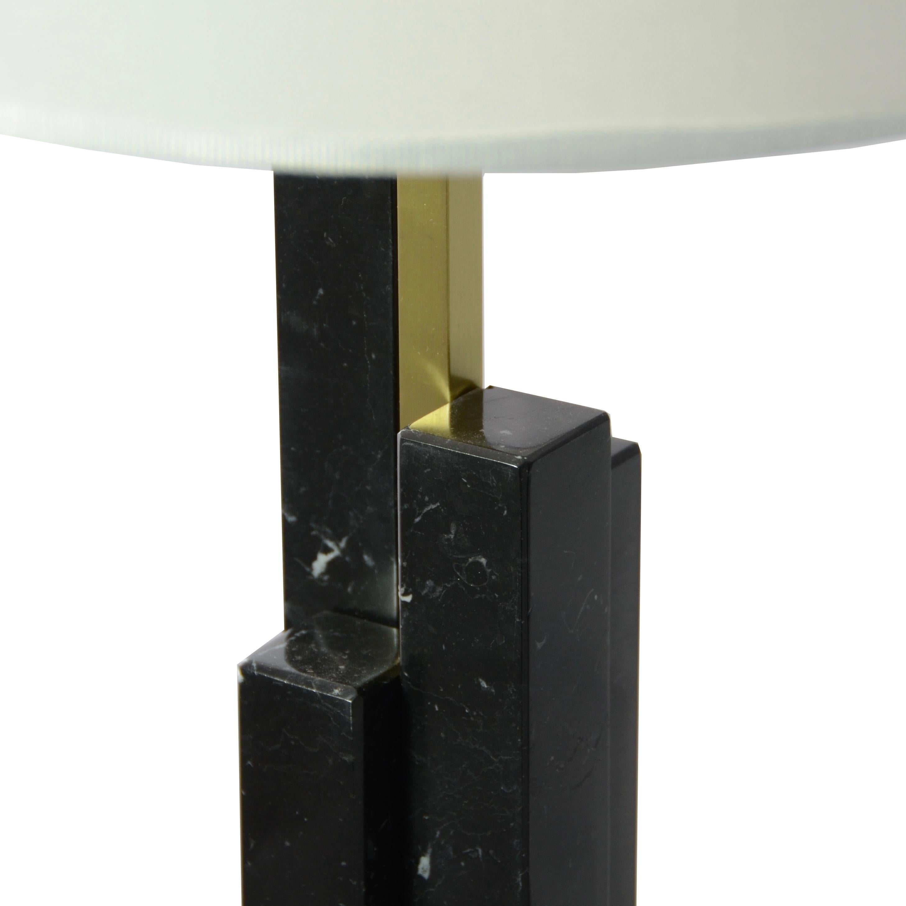 Hand-Crafted Italian Art Deco Style Pair of Black White Marble Satin Brass Modern Table Lamps