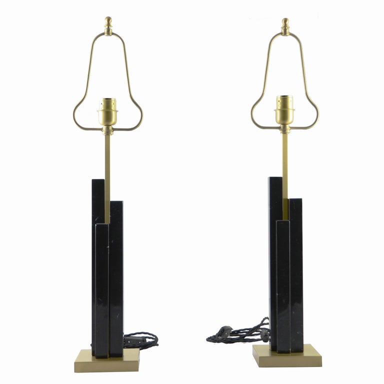 Contemporary Bespoke Art Deco Design Skyline Pair of Black Marble and Satin Brass Table Lamps For Sale