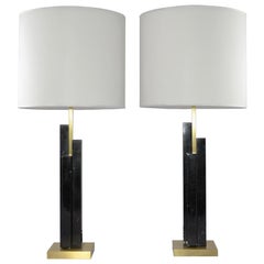 Bespoke Art Deco Design Skyline Pair of Black Marble and Satin Brass Table Lamps