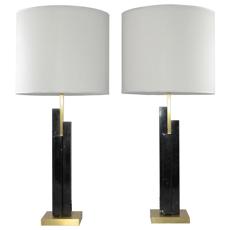 Bespoke Art Deco Design Skyline Pair of Black Marble and Satin Brass Table Lamps For Sale